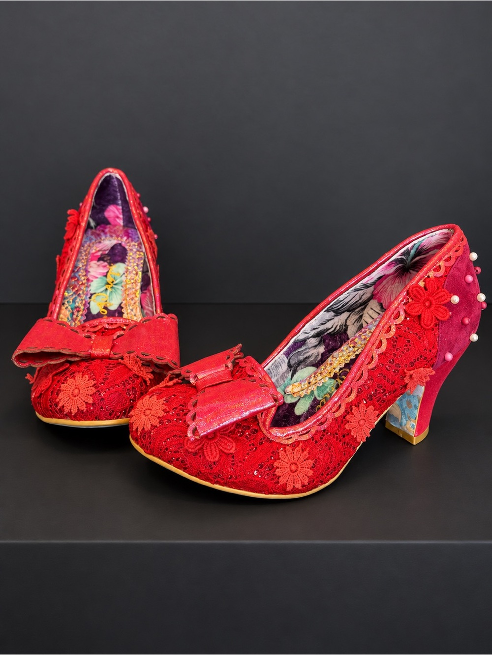 Irregular Choice Red Floral Lace Heels with Bow